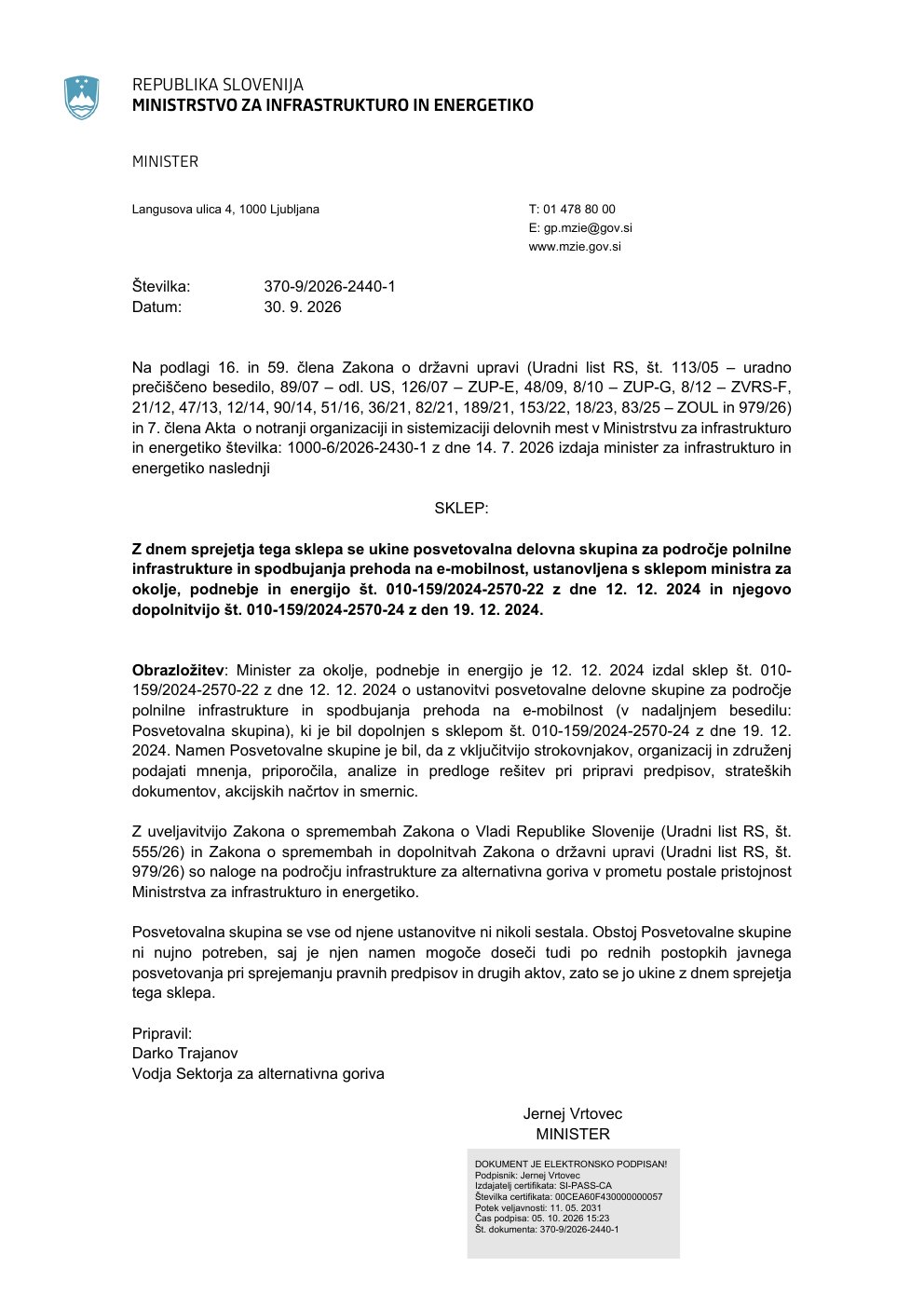 Sklep MZIE o ukinitvi posvetovalne delovne skupine, 30. 9. 2026
